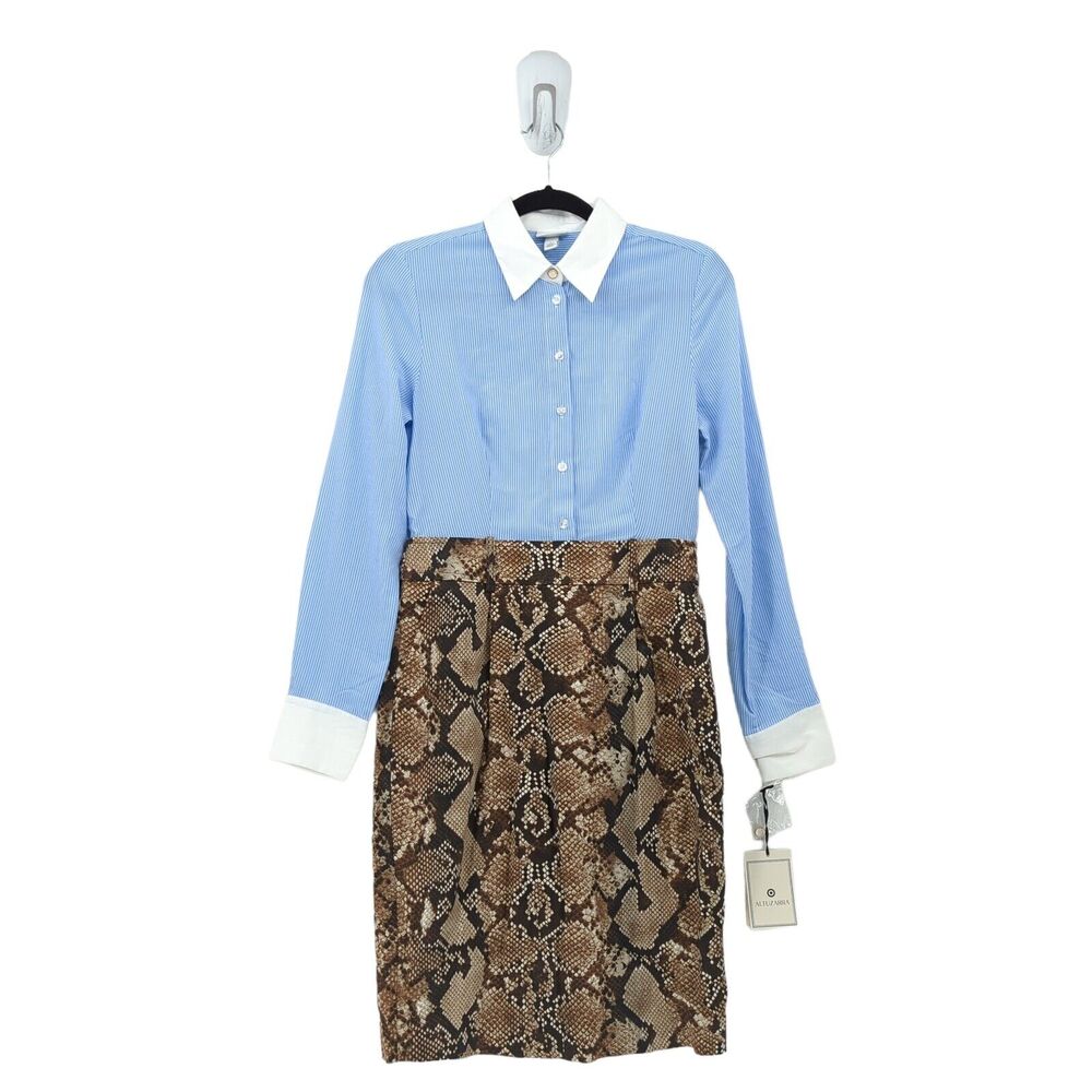 ALTUZARRA Target Women 4 Dress Blue Brown Pinstripe Snake Print Python Pencil